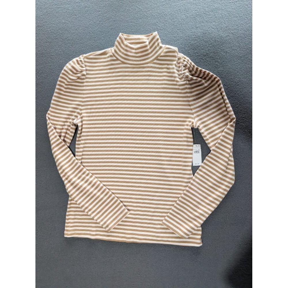 Gap Women's Striped Mock Neck Long Sleeve Puff Shoulder Top Tan White Size L